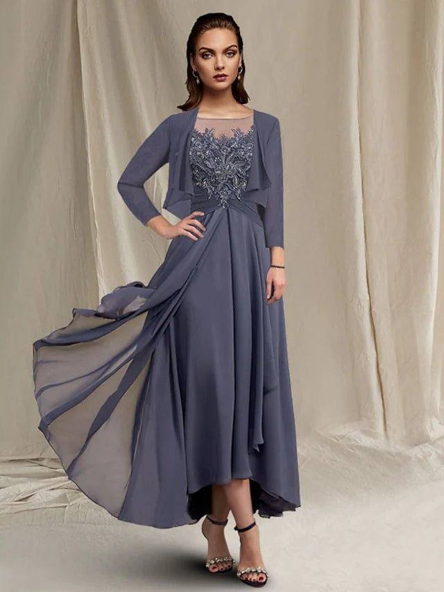 Two Piece A-Line Mother of the Bride Dress Elegant Wrap Included Jewel Neck Asymmetrical Tea Length Chiffon Lace 3/4 Length Sleeve with Sequin Appliques - RongMoon