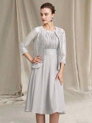 Two Piece A-Line Mother of the Bride Dress Elegant Wrap Included Jewel Neck Knee Length Chiffon Lace Sleeveless with Pleats Appliques - RongMoon