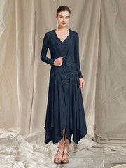 Two Piece A-Line Mother of the Bride Dress Elegant Wrap Included V Neck Ankle Length Chiffon Lace Sleeveless with Pleats Appliques - RongMoon