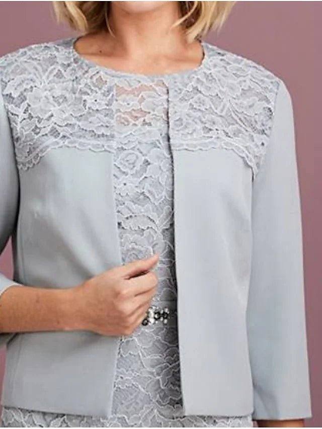 Two Piece A-Line Mother of the Bride Dress Jewel Neck Knee Length Lace Long Sleeve Short Jacket Dresses with Lace - RongMoon