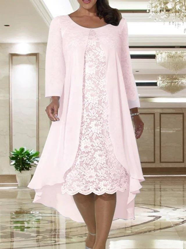 Two Piece A-Line Mother of the Bride Dress Plus Size Elegant Jewel Neck Tea Length Chiffon Lace Short Sleeve Jacket Dresses with Solid Color - RongMoon