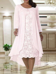 Two Piece A-Line Mother of the Bride Dress Plus Size Elegant Jewel Neck Tea Length Chiffon Lace Short Sleeve Jacket Dresses with Solid Color - RongMoon