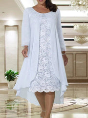 Two Piece A-Line Mother of the Bride Dress Plus Size Elegant Jewel Neck Tea Length Chiffon Lace Short Sleeve Jacket Dresses with Solid Color - RongMoon