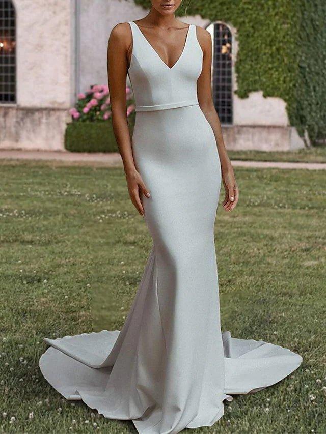 Two Piece Mermaid / Trumpet Wedding Dresses V Neck Court Train Sequined Stretch Fabric Sleeveless Boho Sexy Sparkle & Shine Backless Cape with Sequin - RongMoon