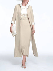 Two Piece Sheath / Column Mother of the Bride Dress Elegant Jewel Neck Ankle Length Stretch Fabric 3/4 Length Sleeve with Appliques - RongMoon