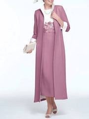 Two Piece Sheath / Column Mother of the Bride Dress Elegant Jewel Neck Ankle Length Stretch Fabric 3/4 Length Sleeve with Appliques - RongMoon