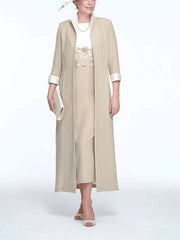 Two Piece Sheath / Column Mother of the Bride Dress Elegant Jewel Neck Ankle Length Stretch Fabric 3/4 Length Sleeve with Appliques - RongMoon