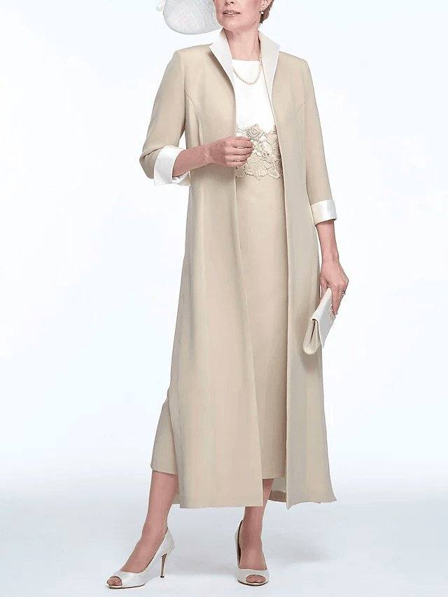 Two Piece Sheath / Column Mother of the Bride Dress Elegant Jewel Neck Ankle Length Stretch Fabric 3/4 Length Sleeve with Appliques - RongMoon