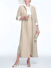 Two Piece Sheath / Column Mother of the Bride Dress Elegant Jewel Neck Ankle Length Stretch Fabric 3/4 Length Sleeve with Appliques - RongMoon