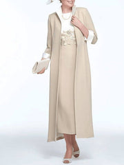 Two Piece Sheath / Column Mother of the Bride Dress Elegant Jewel Neck Ankle Length Stretch Fabric 3/4 Length Sleeve with Appliques - RongMoon