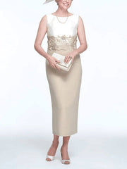Two Piece Sheath / Column Mother of the Bride Dress Elegant Jewel Neck Ankle Length Stretch Fabric 3/4 Length Sleeve with Appliques - RongMoon