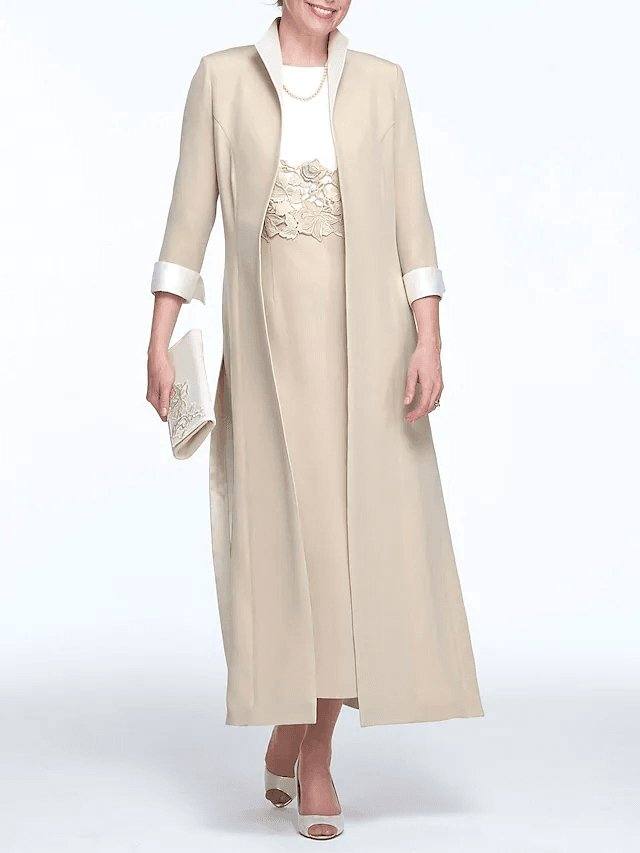 Two Piece Sheath / Column Mother of the Bride Dress Elegant Jewel Neck Ankle Length Stretch Fabric 3/4 Length Sleeve with Appliques - RongMoon