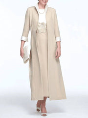 Two Piece Sheath / Column Mother of the Bride Dress Elegant Jewel Neck Ankle Length Stretch Fabric 3/4 Length Sleeve with Appliques - RongMoon