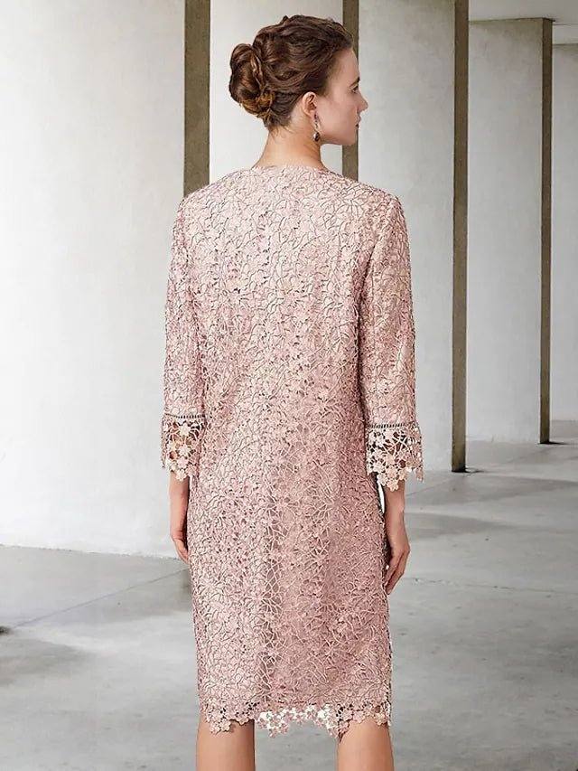 Two Piece Sheath / Column Mother of the Bride Dress Elegant Jewel Neck Knee Length Chiffon Lace Short Sleeve Jacket Dresses with Appliques - RongMoon