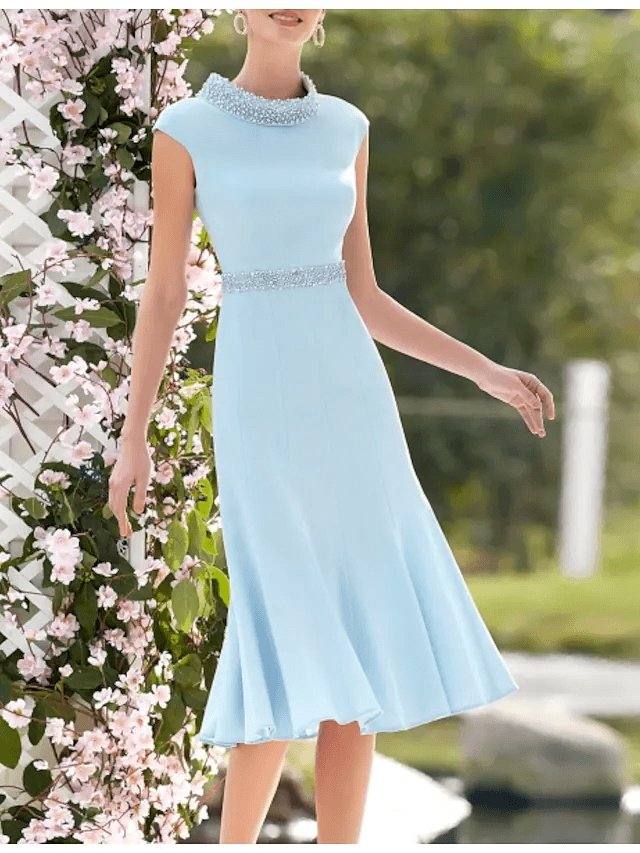 Two Piece Sheath / Column Mother of the Bride Dress Elegant Jewel Neck Knee Length Italy Satin Half Sleeve with Beading Crystal Brooch - RongMoon