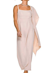 Two Piece Sheath / Column Mother of the Bride Dress Elegant Square Neck Ankle Length Satin Sleeveless - RongMoon