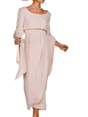 Two Piece Sheath / Column Mother of the Bride Dress Elegant Square Neck Ankle Length Satin Sleeveless - RongMoon