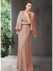 Two Piece Sheath / Column Mother of the Bride Dress Elegant V Neck Floor Length Chiffon Sleeveless with Sash / Ribbon - RongMoon