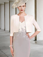 Two Piece Sheath / Column Mother of the Bride Dress Elegant V Neck Knee Length Lace Stretch Chiffon Short Sleeve with Appliques Side-Draped 2022 - RongMoon
