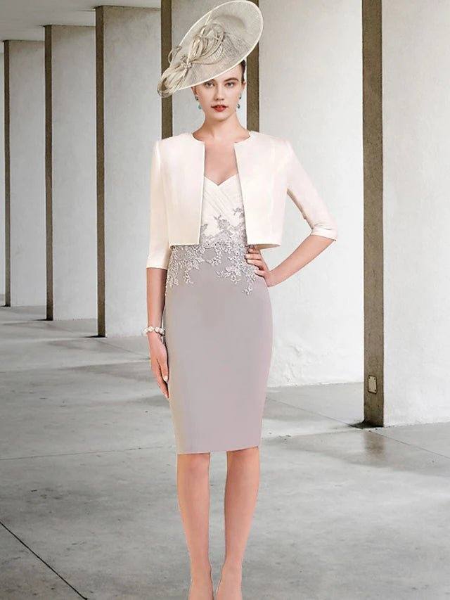 Two Piece Sheath / Column Mother of the Bride Dress Elegant V Neck Knee Length Lace Stretch Chiffon Short Sleeve with Appliques Side-Draped 2022 - RongMoon