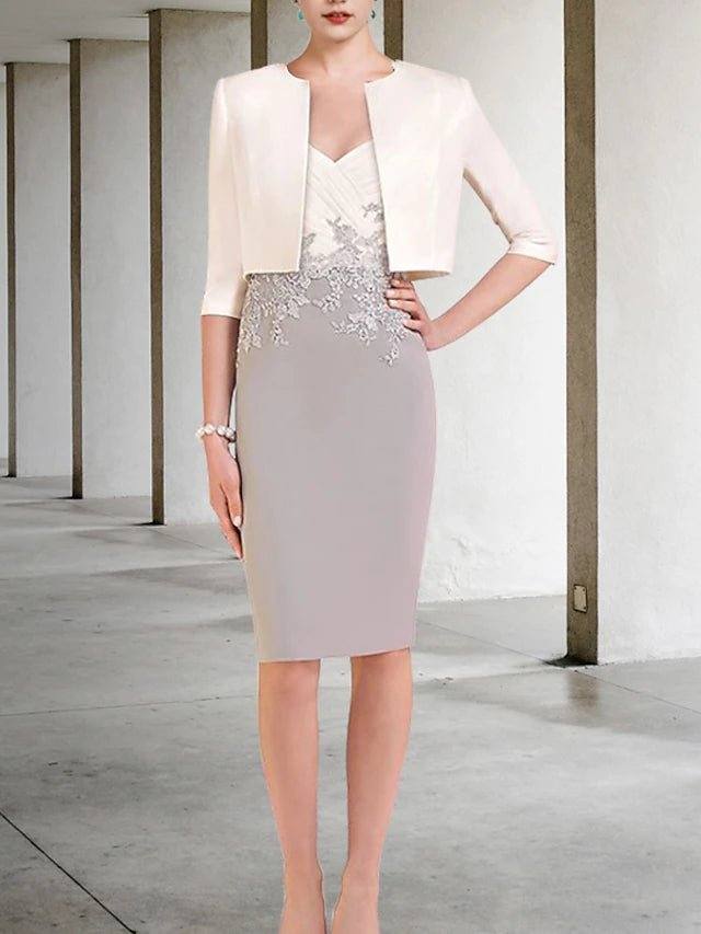 Two Piece Sheath / Column Mother of the Bride Dress Elegant V Neck Knee Length Lace Stretch Chiffon Short Sleeve with Appliques Side-Draped 2022 - RongMoon