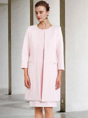 Two Piece Sheath / Column Mother of the Bride Dress Elegant Wrap Included Jewel Neck Knee Length Chiffon Short Sleeve with Ruffles - RongMoon