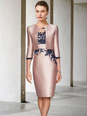 Two Piece Sheath / Column Mother of the Bride Dress Elegant Wrap Included Jewel Neck Knee Length Lace Satin 3/4 Length Sleeve with Appliques Color Block - RongMoon