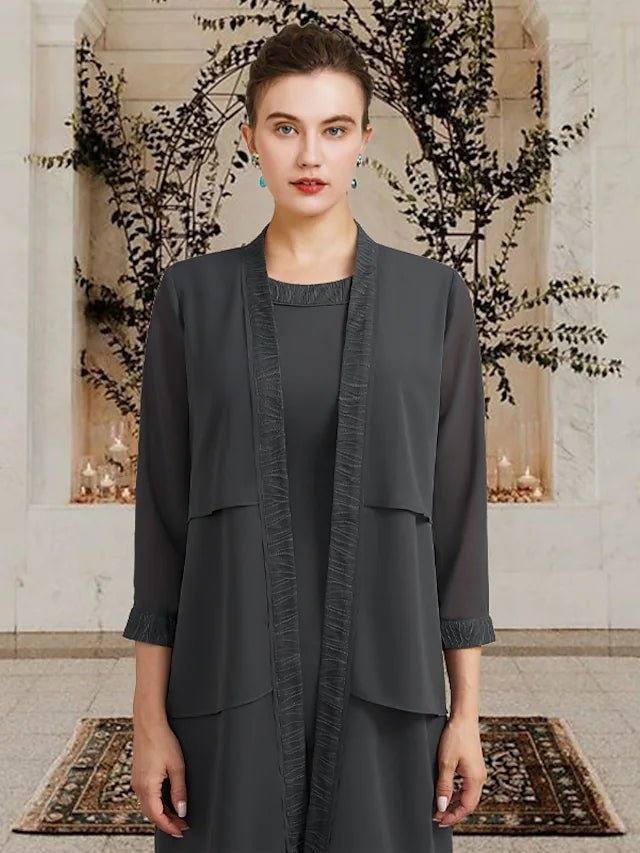 Two Piece Sheath / Column Mother of the Bride Dress Elegant Wrap Included Jewel Neck Tea Length Chiffon Lace Sleeveless with Cascading Ruffles - RongMoon