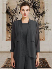 Two Piece Sheath / Column Mother of the Bride Dress Elegant Wrap Included Jewel Neck Tea Length Chiffon Lace Sleeveless with Cascading Ruffles - RongMoon