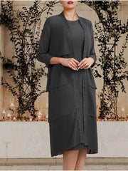 Two Piece Sheath / Column Mother of the Bride Dress Elegant Wrap Included Jewel Neck Tea Length Chiffon Lace Sleeveless with Cascading Ruffles - RongMoon