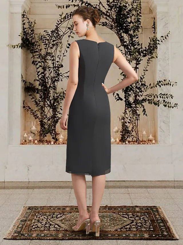 Two Piece Sheath / Column Mother of the Bride Dress Elegant Wrap Included Jewel Neck Tea Length Chiffon Lace Sleeveless with Cascading Ruffles - RongMoon