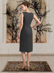Two Piece Sheath / Column Mother of the Bride Dress Elegant Wrap Included Jewel Neck Tea Length Chiffon Lace Sleeveless with Cascading Ruffles - RongMoon