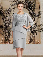 Two Piece Sheath / Column Mother of the Bride Dress Elegant Wrap Included Square Neck Jewel Neck Knee Length Chiffon Lace Sleeveless with Ruffles Appliques - RongMoon