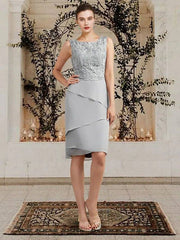 Two Piece Sheath / Column Mother of the Bride Dress Elegant Wrap Included Square Neck Jewel Neck Knee Length Chiffon Lace Sleeveless with Ruffles Appliques - RongMoon