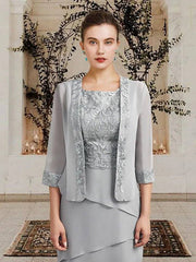 Two Piece Sheath / Column Mother of the Bride Dress Elegant Wrap Included Square Neck Jewel Neck Knee Length Chiffon Lace Sleeveless with Ruffles Appliques - RongMoon