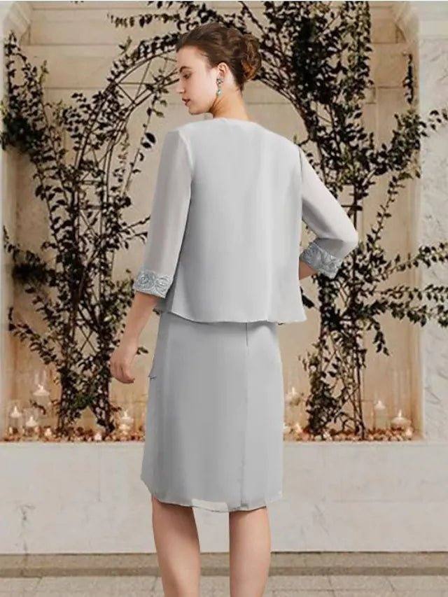 Two Piece Sheath / Column Mother of the Bride Dress Elegant Wrap Included Square Neck Jewel Neck Knee Length Chiffon Lace Sleeveless with Ruffles Appliques - RongMoon