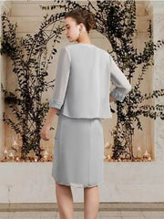 Two Piece Sheath / Column Mother of the Bride Dress Elegant Wrap Included Square Neck Jewel Neck Knee Length Chiffon Lace Sleeveless with Ruffles Appliques - RongMoon