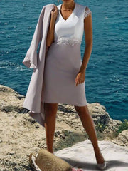Two Piece Sheath / Column Mother of the Bride Dress Elegant Wrap Included V Neck Knee Length Stretch Chiffon Cap Sleeve with Appliques Color Block - RongMoon