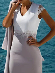Two Piece Sheath / Column Mother of the Bride Dress Elegant Wrap Included V Neck Knee Length Stretch Chiffon Cap Sleeve with Appliques Color Block - RongMoon