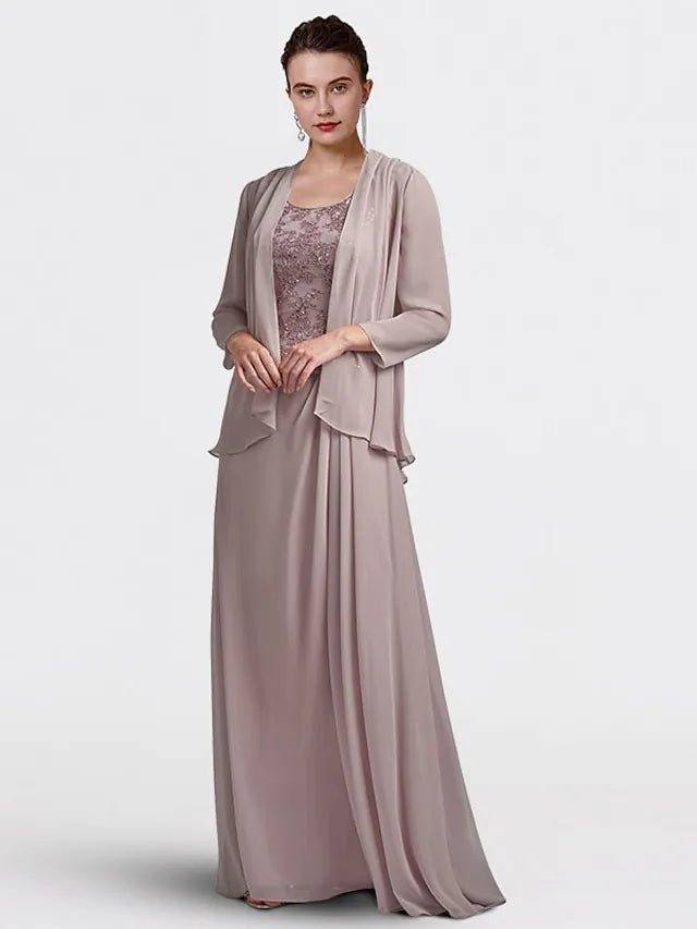 Two Piece Sheath / Column Mother of the Bride Dress Plus Size Elegant Jewel Neck Floor Length Chiffon Lace Sleeveless with Sequin Appliques - RongMoon