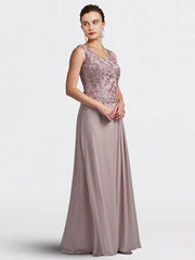 Two Piece Sheath / Column Mother of the Bride Dress Plus Size Elegant Jewel Neck Floor Length Chiffon Lace Sleeveless with Sequin Appliques - RongMoon