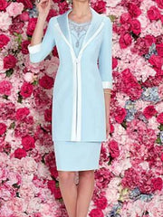 Two Piece Sheath / Column Mother of the Bride Dress Wrap Included V Neck Knee Length Polyester 3/4 Length Sleeve with Crystals Appliques - RongMoon