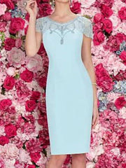 Two Piece Sheath / Column Mother of the Bride Dress Wrap Included V Neck Knee Length Polyester 3/4 Length Sleeve with Crystals Appliques - RongMoon