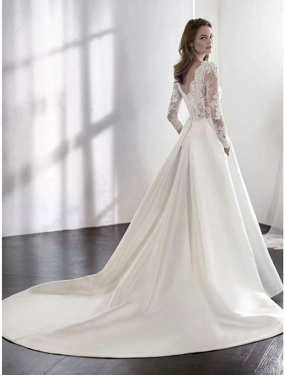 Beach Formal Wedding Dresses Chapel Train A-Line Long Sleeve Illusion Neck Satin With Lace Pleats