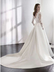 Reception Formal Wedding Dresses A-Line Illusion Neck Long Sleeve Chapel Train Satin Bridal Gowns With Lace Pleats