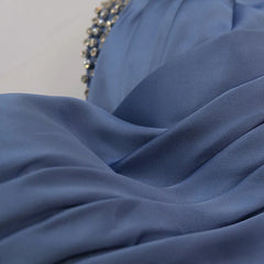 Blue Trumpet Mermaid Ruched Satin Beading Prom Dress