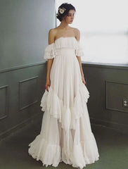 Beach Wedding Dresses Sweep / Brush Train A-Line Cap Sleeve Off Shoulder Tulle With Ruffles