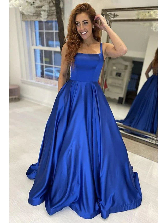 A-Line Prom Dresses Princess Dress Formal Sweep / Brush Train Sleeveless Strapless Satin Backless with Pleats