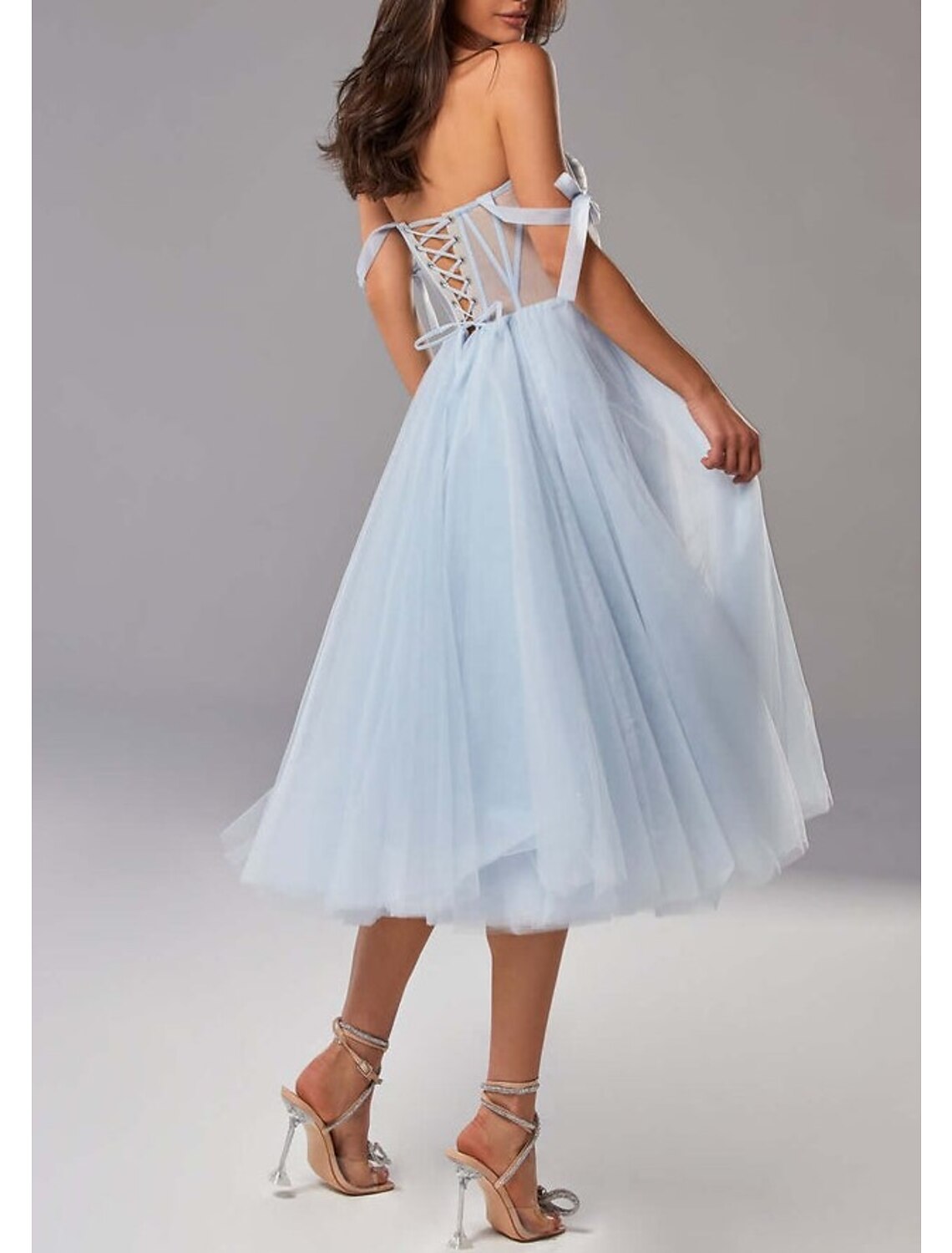 Two Piece A-Line Prom Dresses Elegant Dress Wedding Guest Tea Length Half Sleeve Sweetheart Tulle with Pleats Pure Color