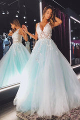 V Neck Backless Teal Lace Foral Long Prom Dresses, Open Back Teal Lace Formal Evening Dresses - RongMoon